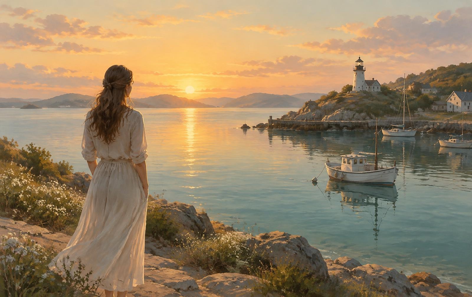A woman looking out over a calm harbor at sunrise